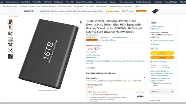 Watch out for these Fake 16 Terabyte Portable SSD Drives on Amazon